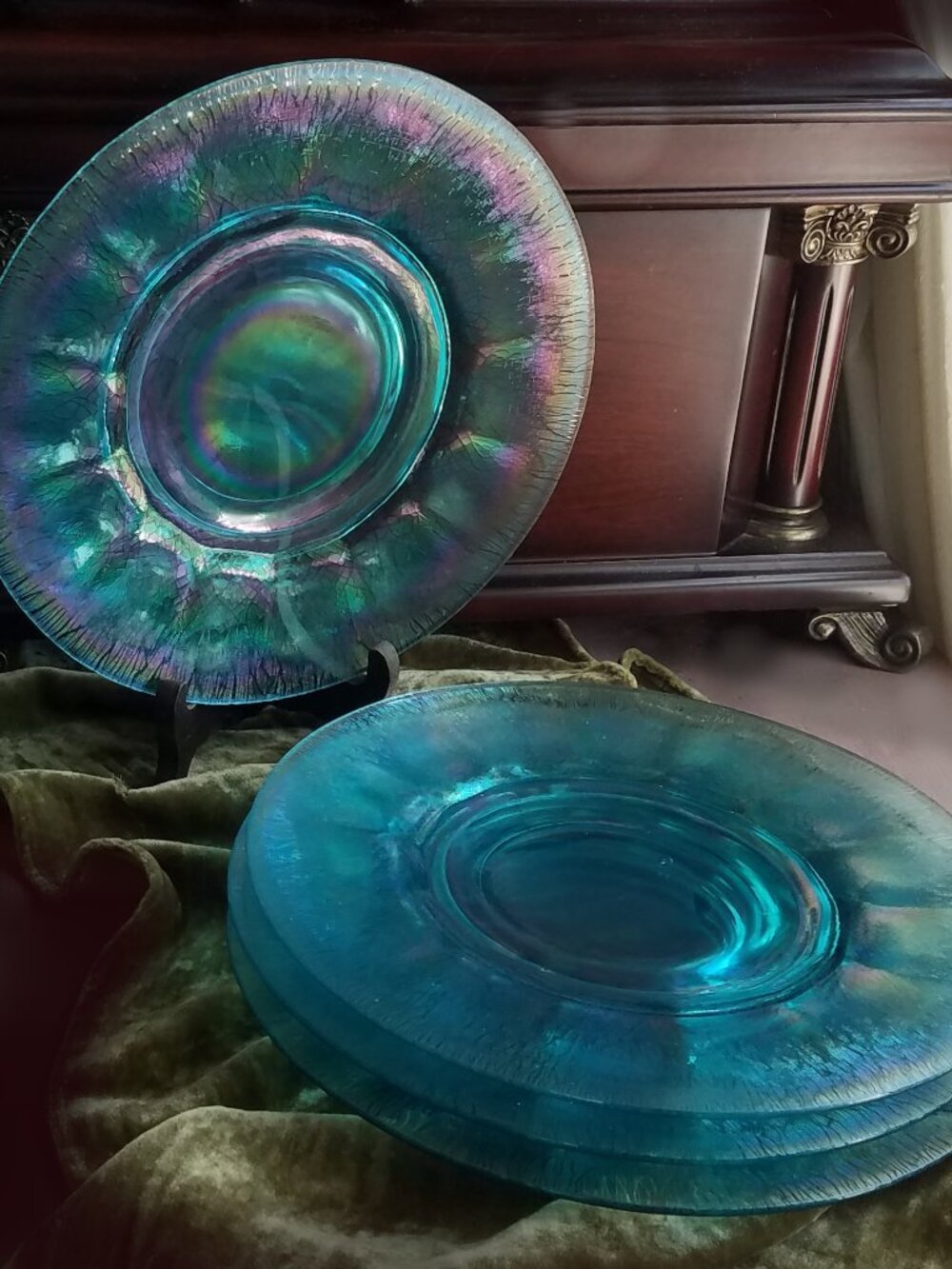 Antique Stretch Glass Salad/Dessert Plates Imperial Iridescent Teal 8.25” Set 4